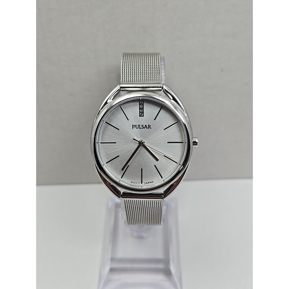 Pulsar Swarovski Crystal Accent Silver Dial Mesh Watch Quartz New Battery Japan